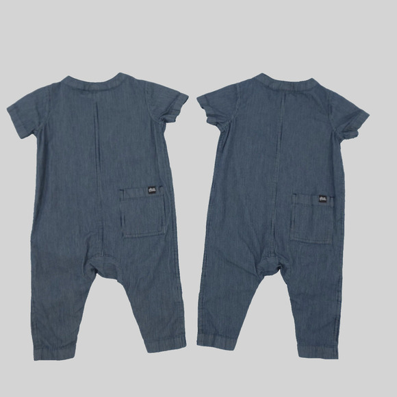 2 Tea Collection Railroad Romper Jumpsuit Baby 9-12 Month Boy Girl Blue Striped - Picture 5 of 13